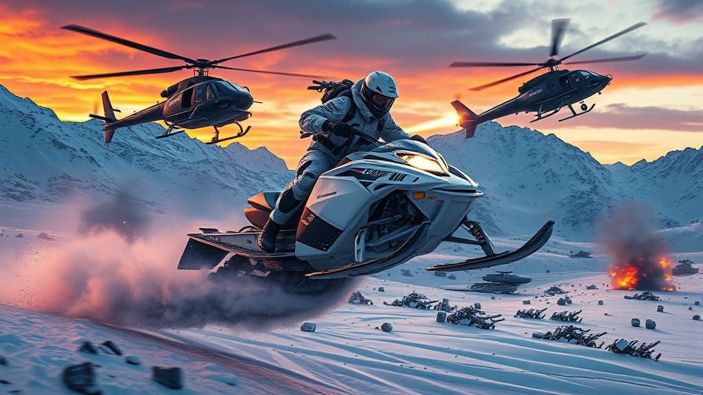 Epic Snowmobile Battle in the Swiss Alps at Sunset