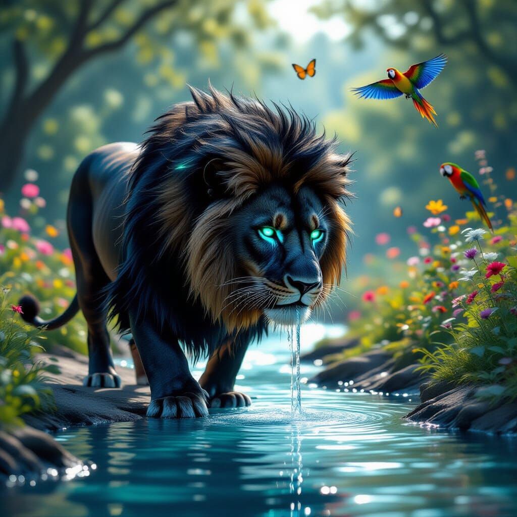 A dark black lion with glowing blue eyes, with a green light on him, stands on white ground, drinking from the sparkling...