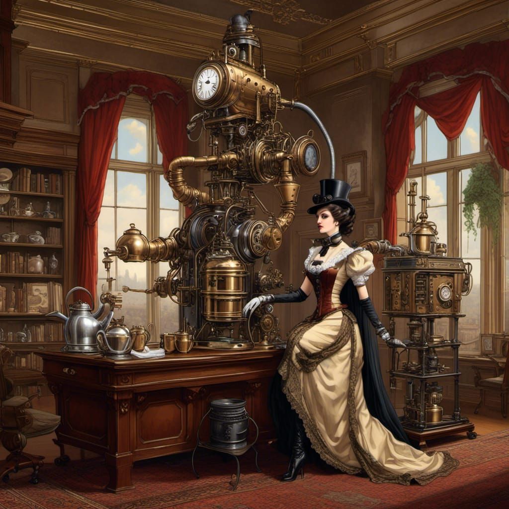 Steampunk Gynoid Takes Tea in Victorian Drawing Room
