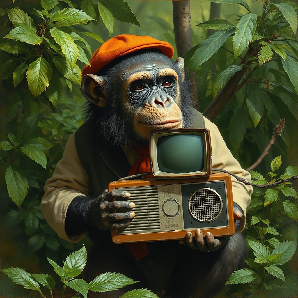 Ape Enjoys Retro Radio in Lush Greenery Scene