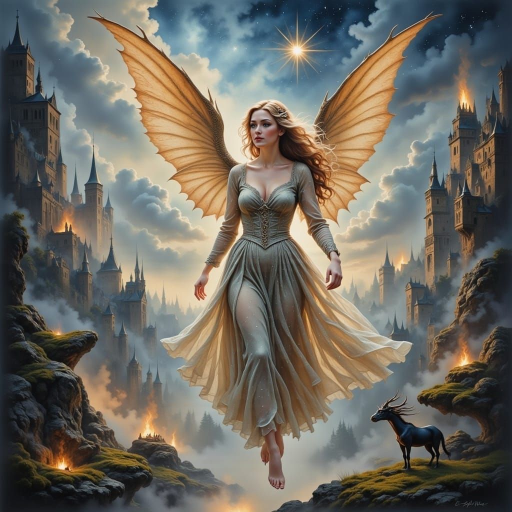 Epic Fantasy World with Dragons and Ethereal Woman