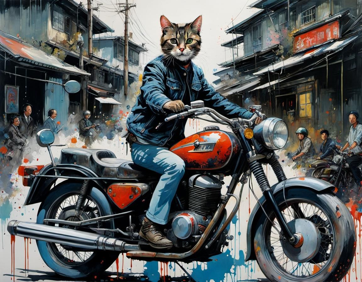 Anthropomorphic Cat on Motorcycle: Detailed Sci-Fi Art
