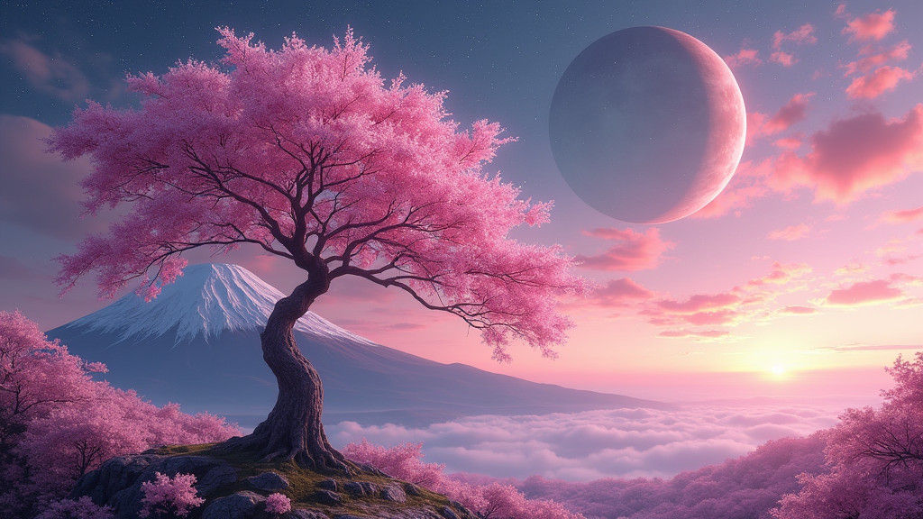 Sakura Tree with Mars and Mount Fuji