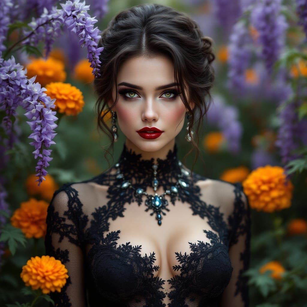 Regal Woman in Black Lace Gown Amidst Vibrant Garden Blooms