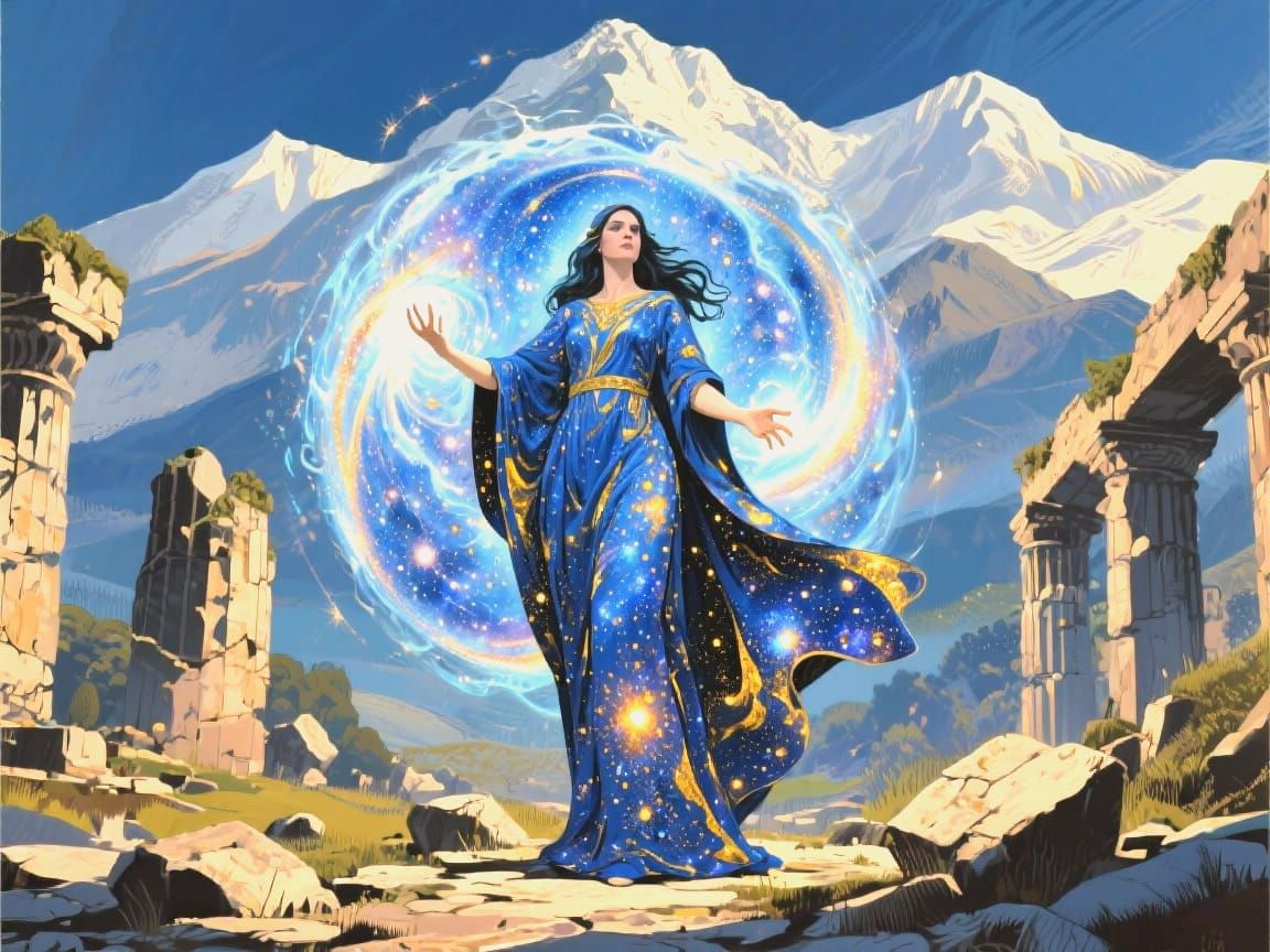Mythological Sorceress Conjures Cosmic Vortex on Olympus