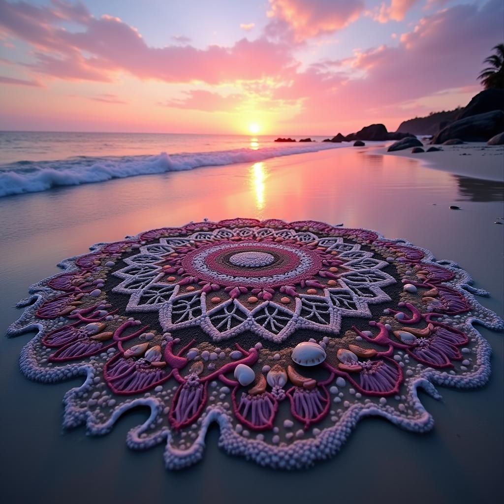 Intricate Mandala on Beach at Sunset in Hyperreal Style
