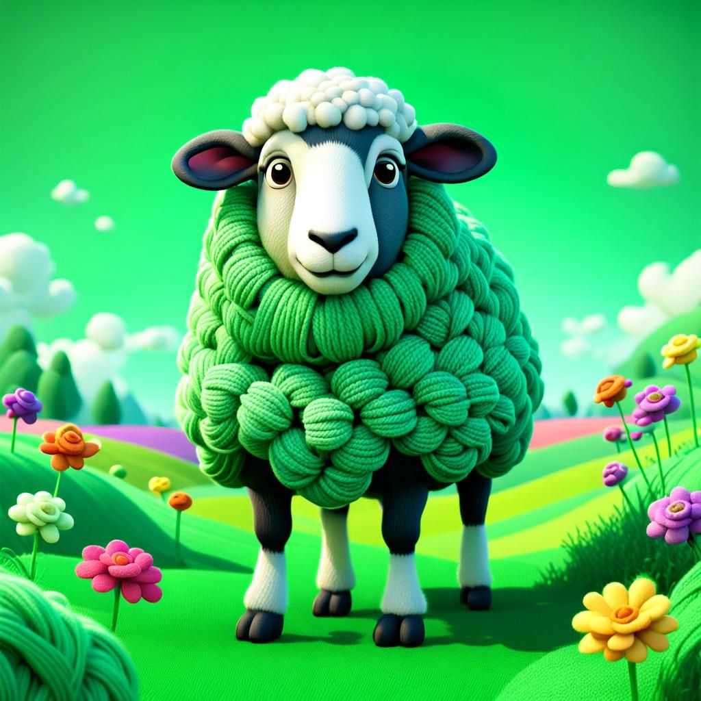 Yarn Sheep in Yarn Field: 3D Digital Art