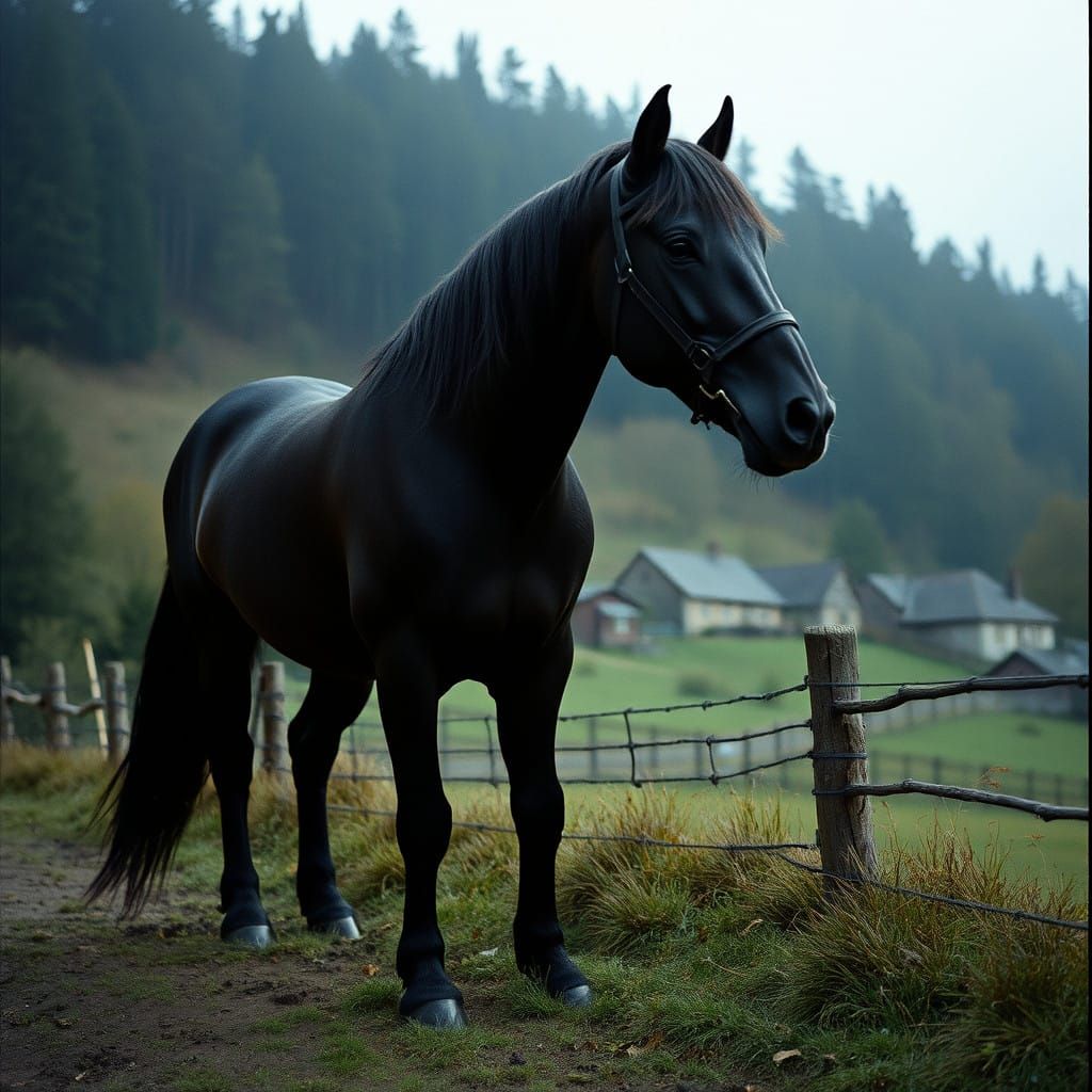 Elegant Black Shire Horse Against a Dramatic Village Landsca...