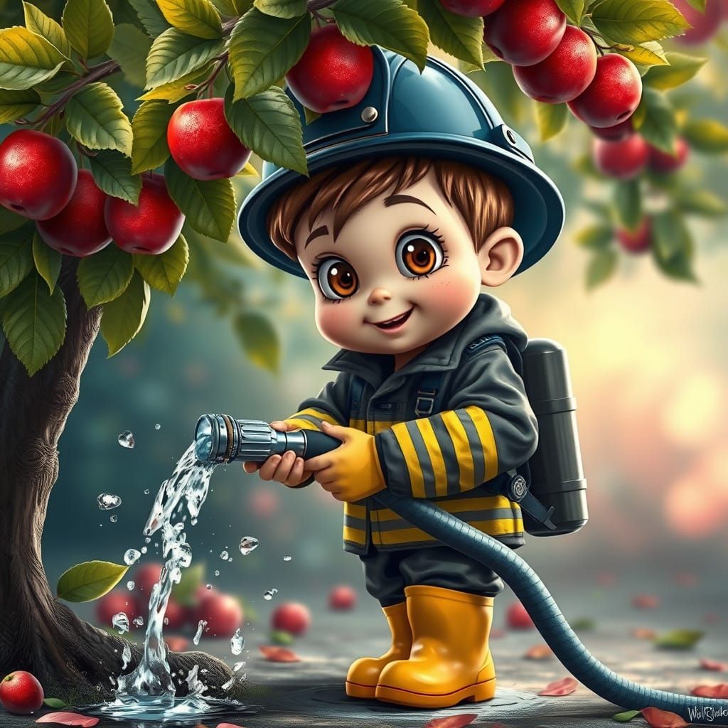 Comical Fireman Boy Waters Apple Tree in Vivid Splash Art