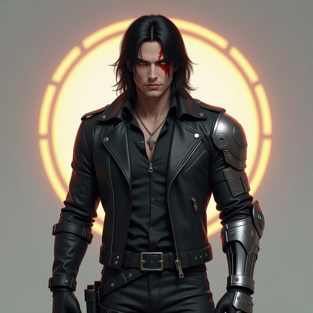 Dark Fantasy Character with Iron Arm and Scar