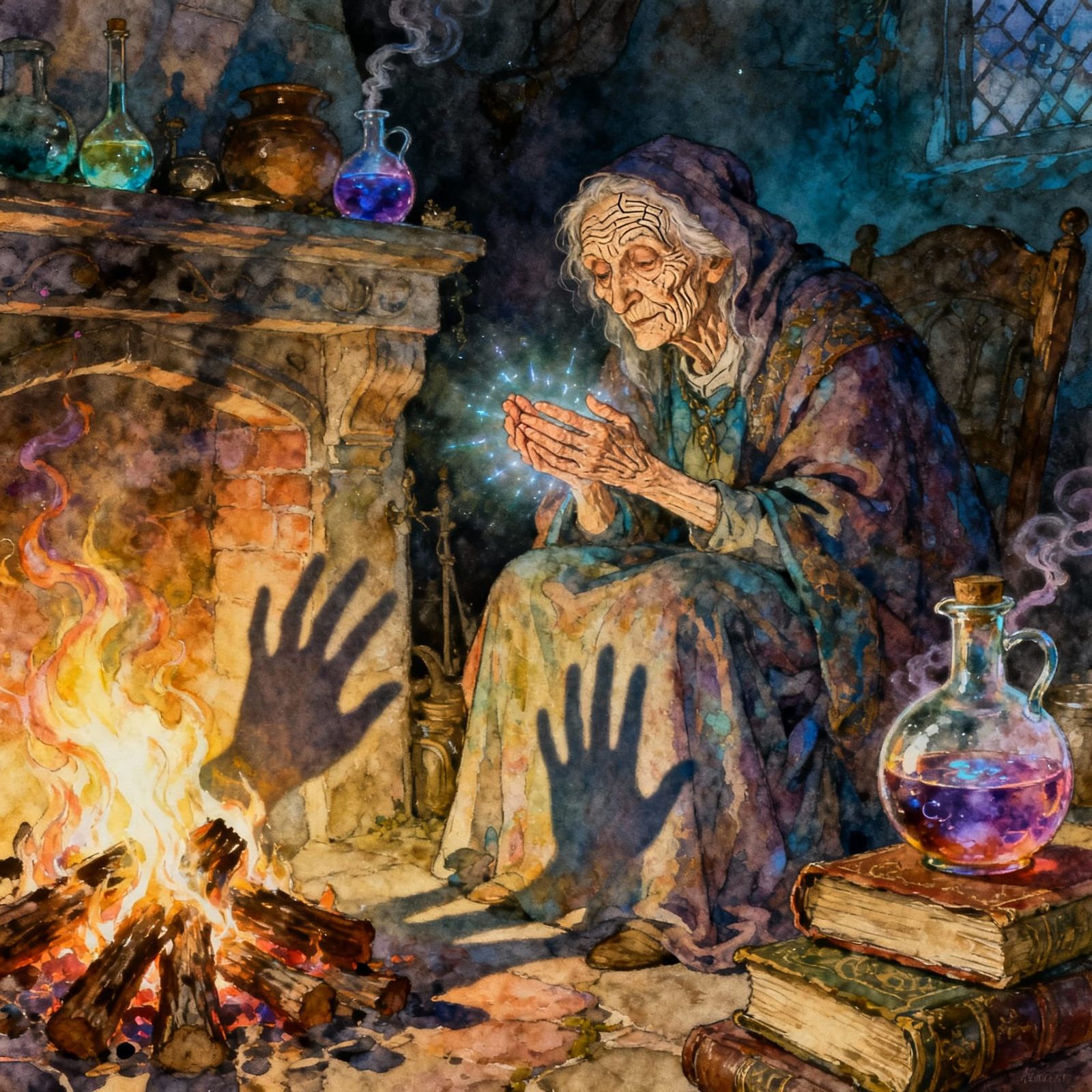 Wizened Woman by Arcane Hearth, Fantasy Fairy Tale Style