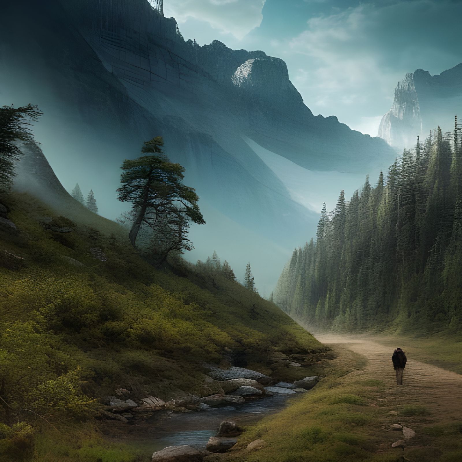 Rocky Mountain Hiking Trail at Sunrise: Hyperrealistic Lands...