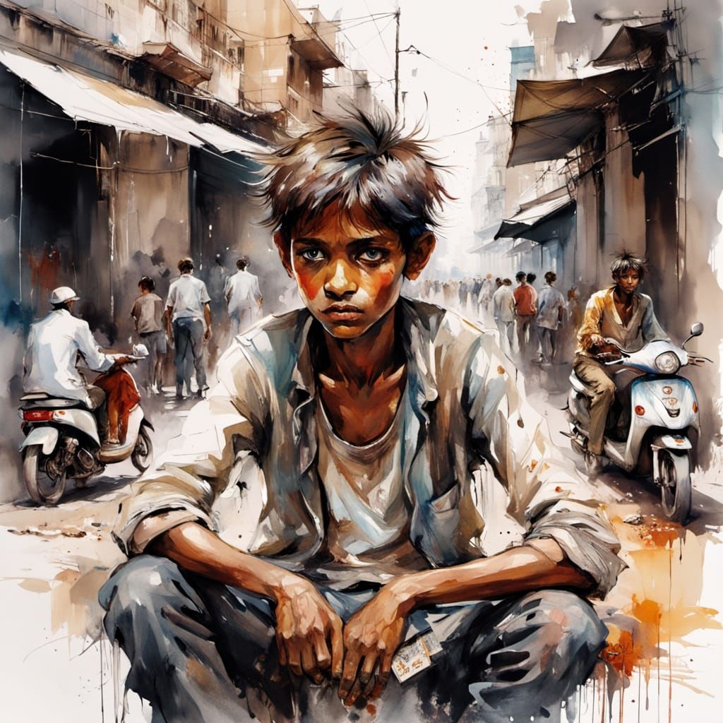 Indian Boy Begging on a Mumbai Street