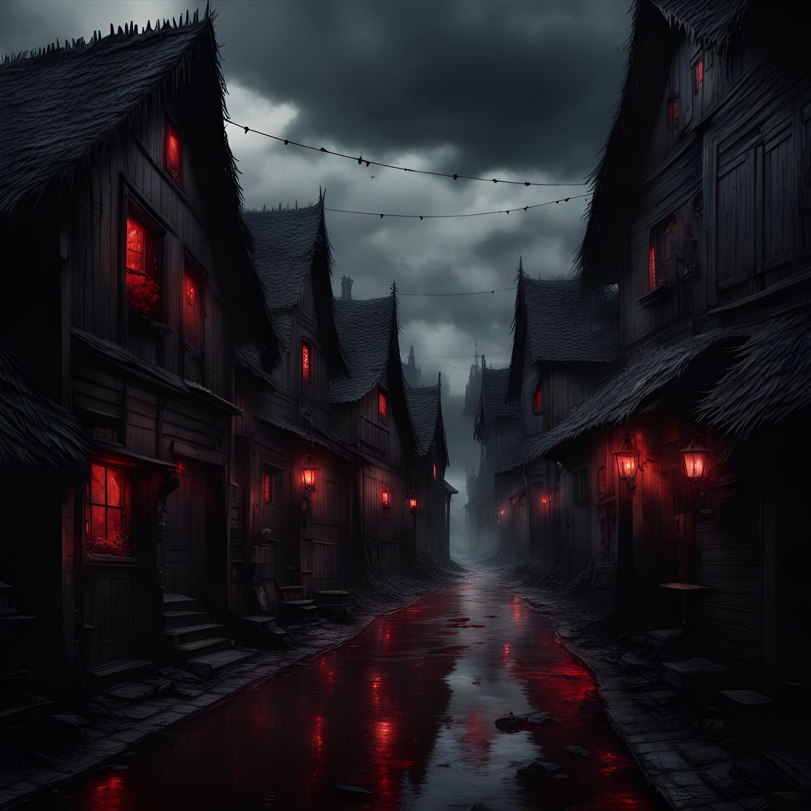 Dark Village Street with Floating Ghost in Digital Painting