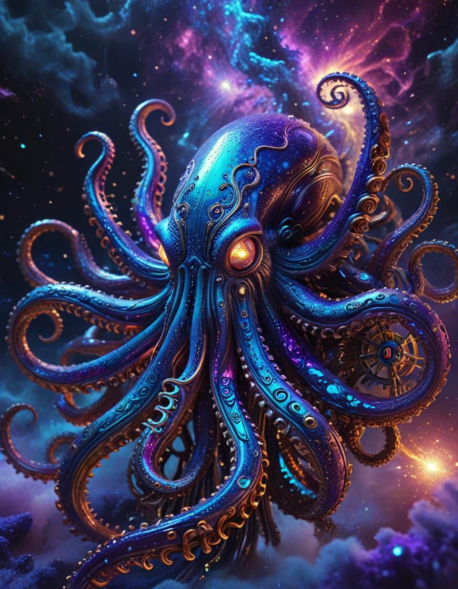 Clockwork Kraken Emerges from Cosmic Nebula in Psychedelic A...