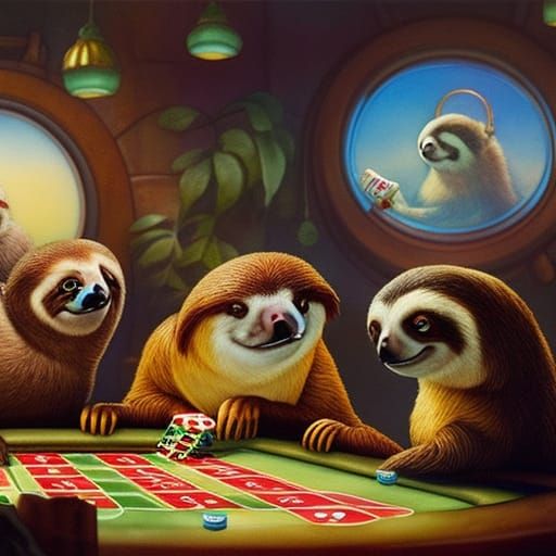 Humorous Sloth Gamblers in Watercolor and Ink
