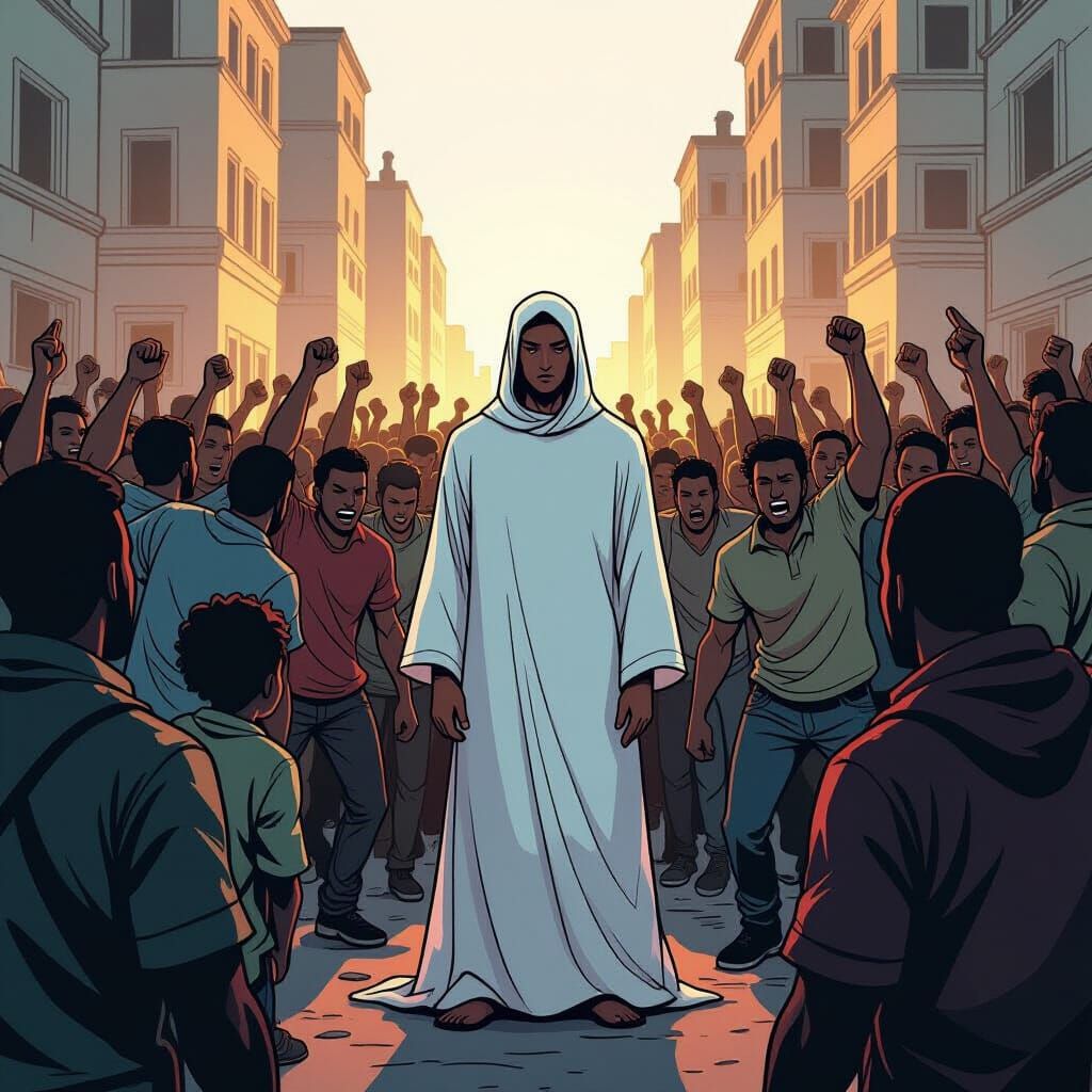 Serene Figure Amidst Angry Crowd in Comic Art Style