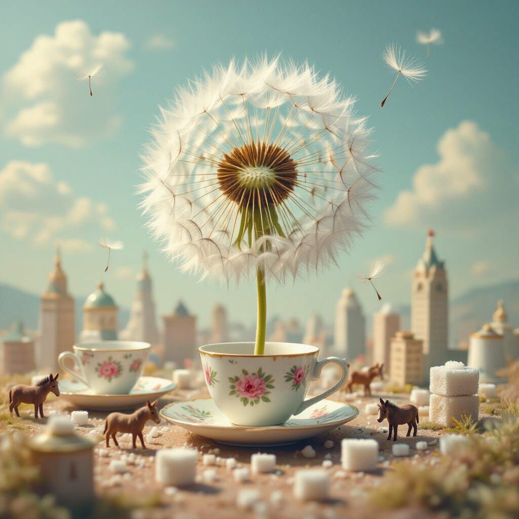 Giant Dandelion Seed Over Teacup Cityscape, Surreal Art