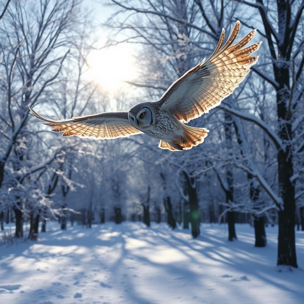 Icy Winter Day with Owl in Sunlight