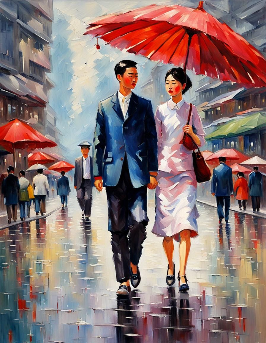 Stylish Shanghai Couple Stroll Under Red Parasol in Vibrant...