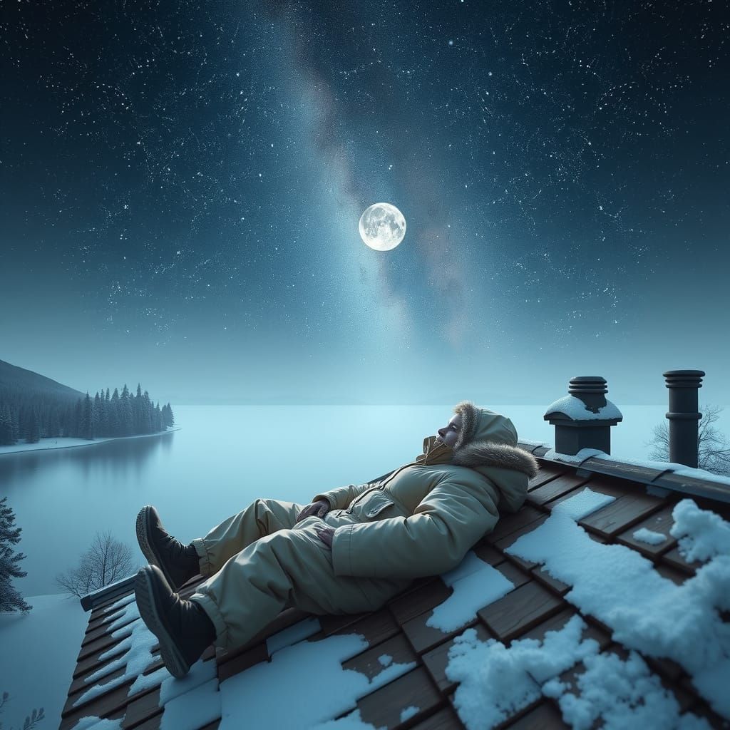 Lone Figure Under Starry Night Sky on Snowy Rooftop