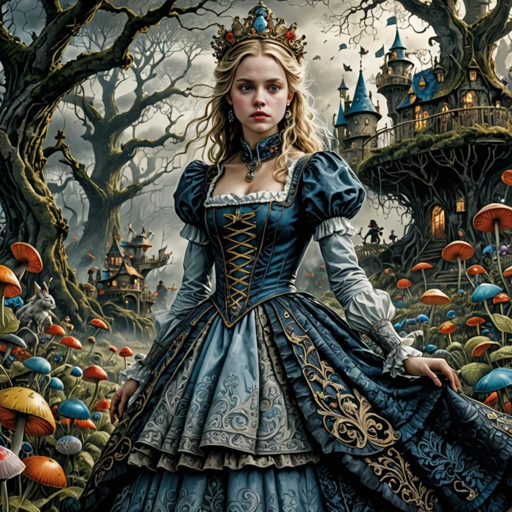Alice in Wonderland in Eerie Landscape, Hyperrealistic Art