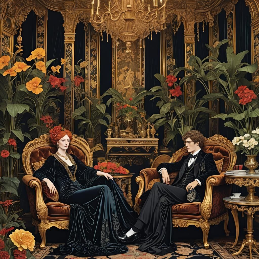 Decadent Lounge Scene in Art Nouveau Style