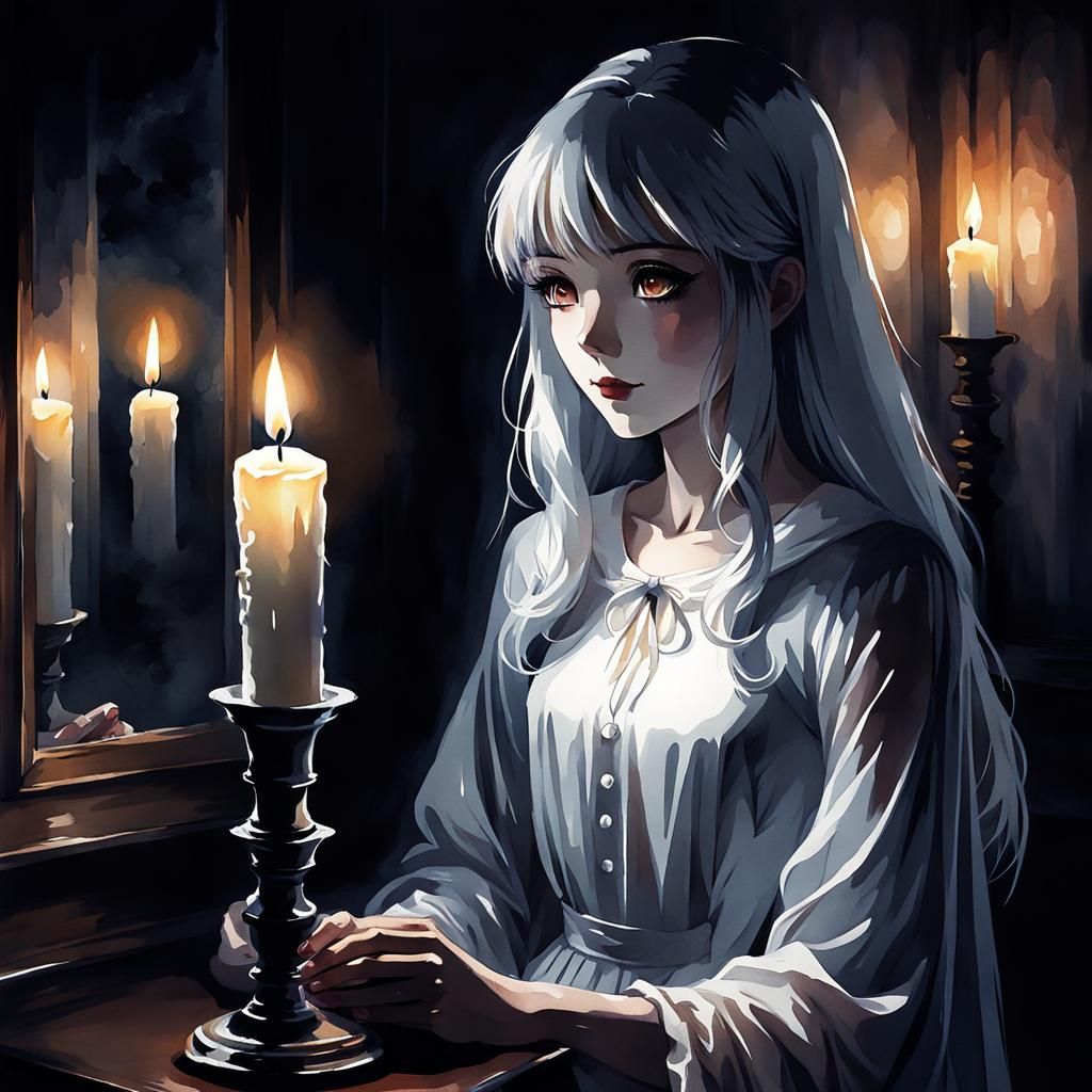 Ghost Girl in Dark Room with Candle, Watercolor Anime