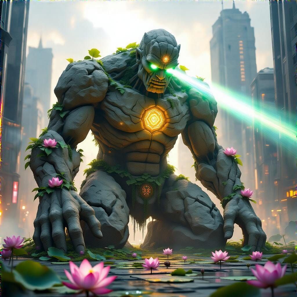 Colossal Stone Golem Awakens in Futuristic Metropolis