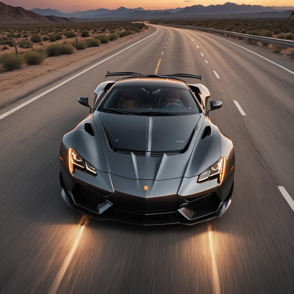Futuristic Supercar Speeds Down Highway at Sunset