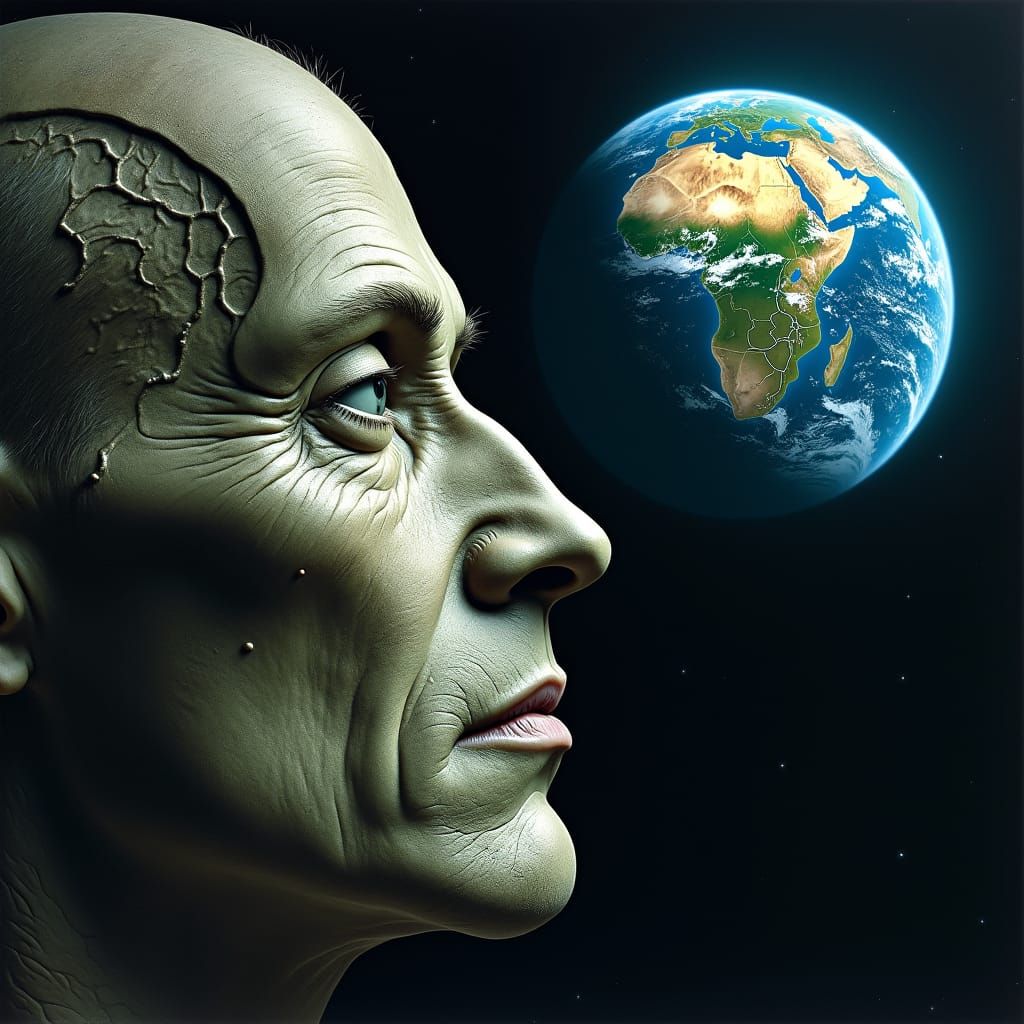 Giant Face Gazing at Earth in Beksiński Style