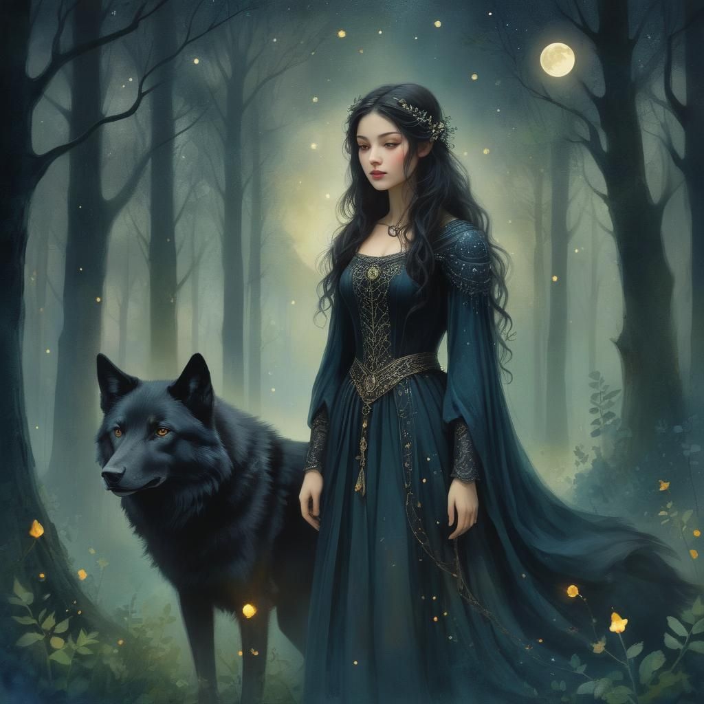 Druid and Wolf in Enchanted Forest: Watercolor Illustration