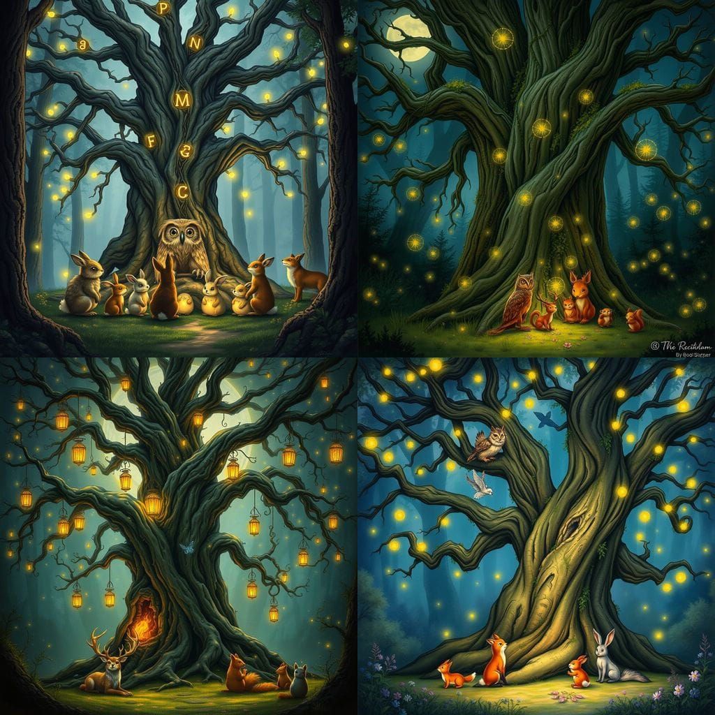 Medieval Enchanted Tree in Whimsical Woodland Scene