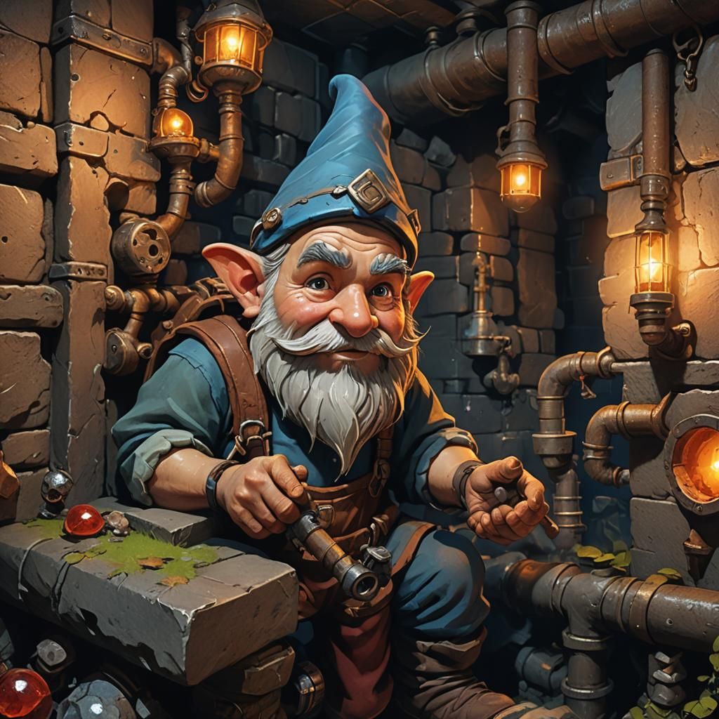 Gnome Plumber in Mystical Dungeon: Hyper-Realistic Concept A...