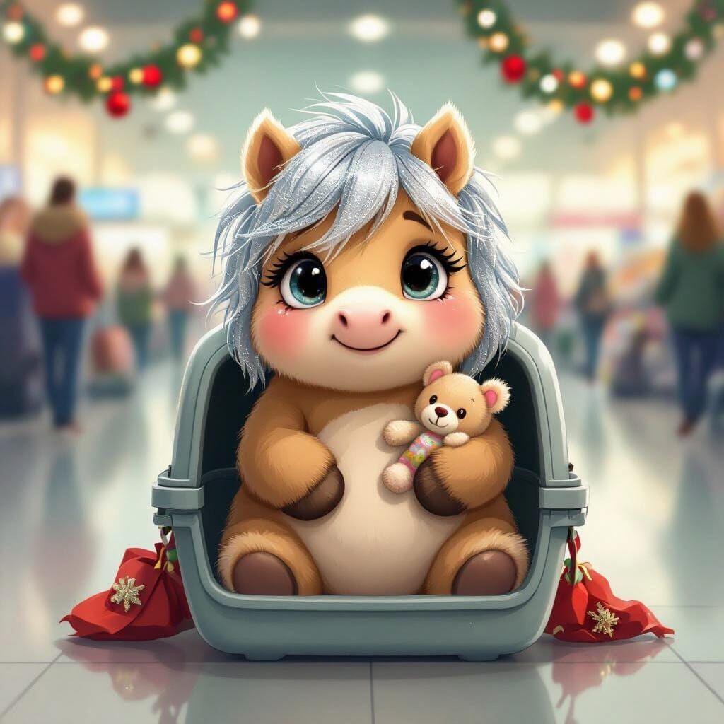 Sad Pony in Airport, Whimsical Illustration