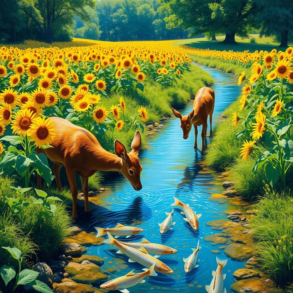Sunflowers, Deer, and Stream: Impressionist Oil Painting