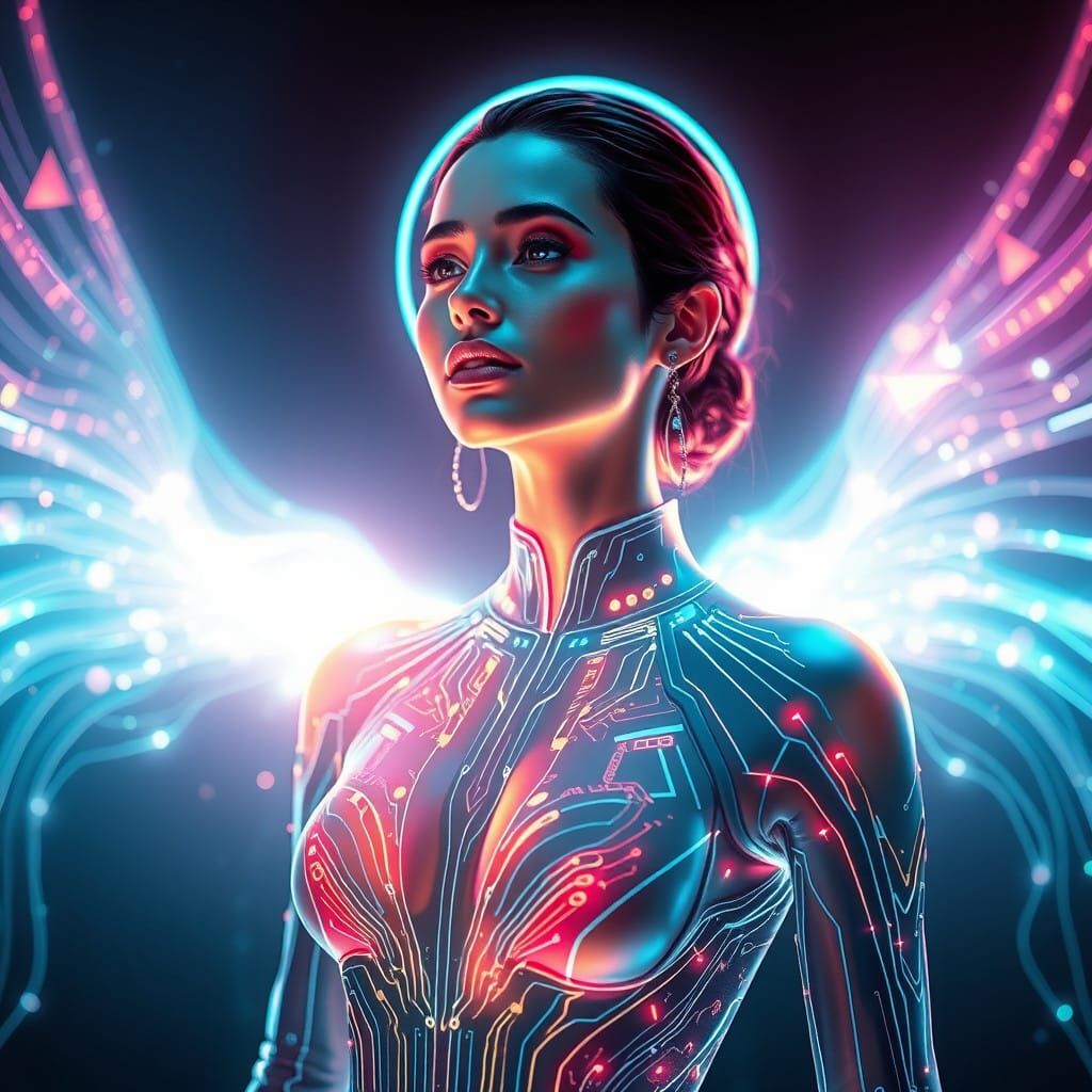 Ethereal Femme in Cyberpunk Holographic Aura
