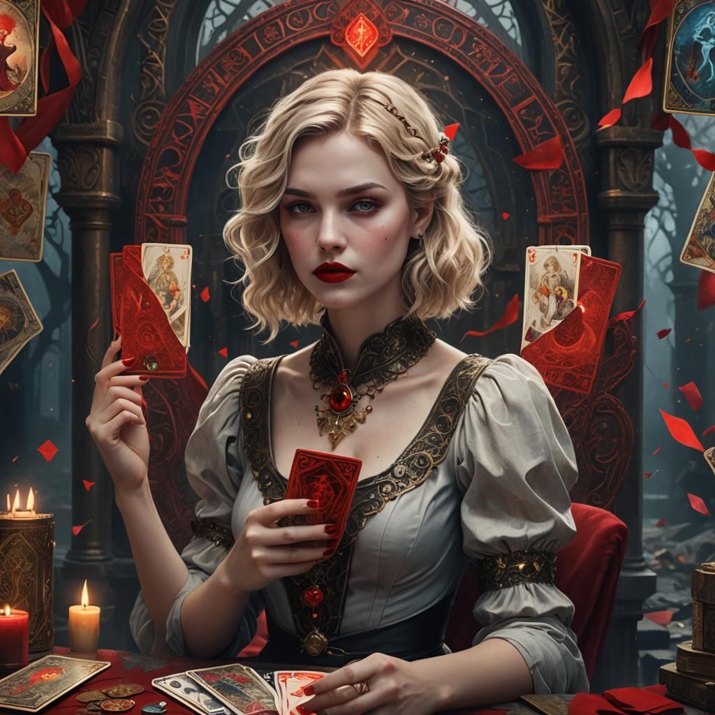 Mystical Blond Sibyl with Tarot Cards and Red Lipstick in a...