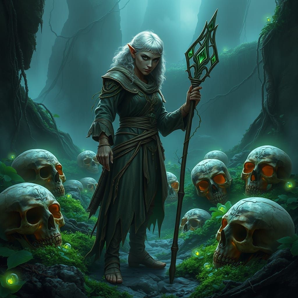 Mystical Elf Druid Surrounded by Bioluminescent Ruins