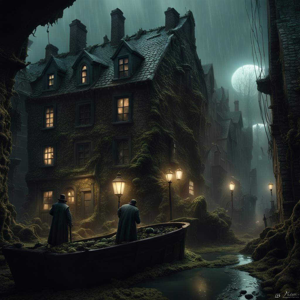 Eerie Diorama of Innsmouth in Gothic Horror Style