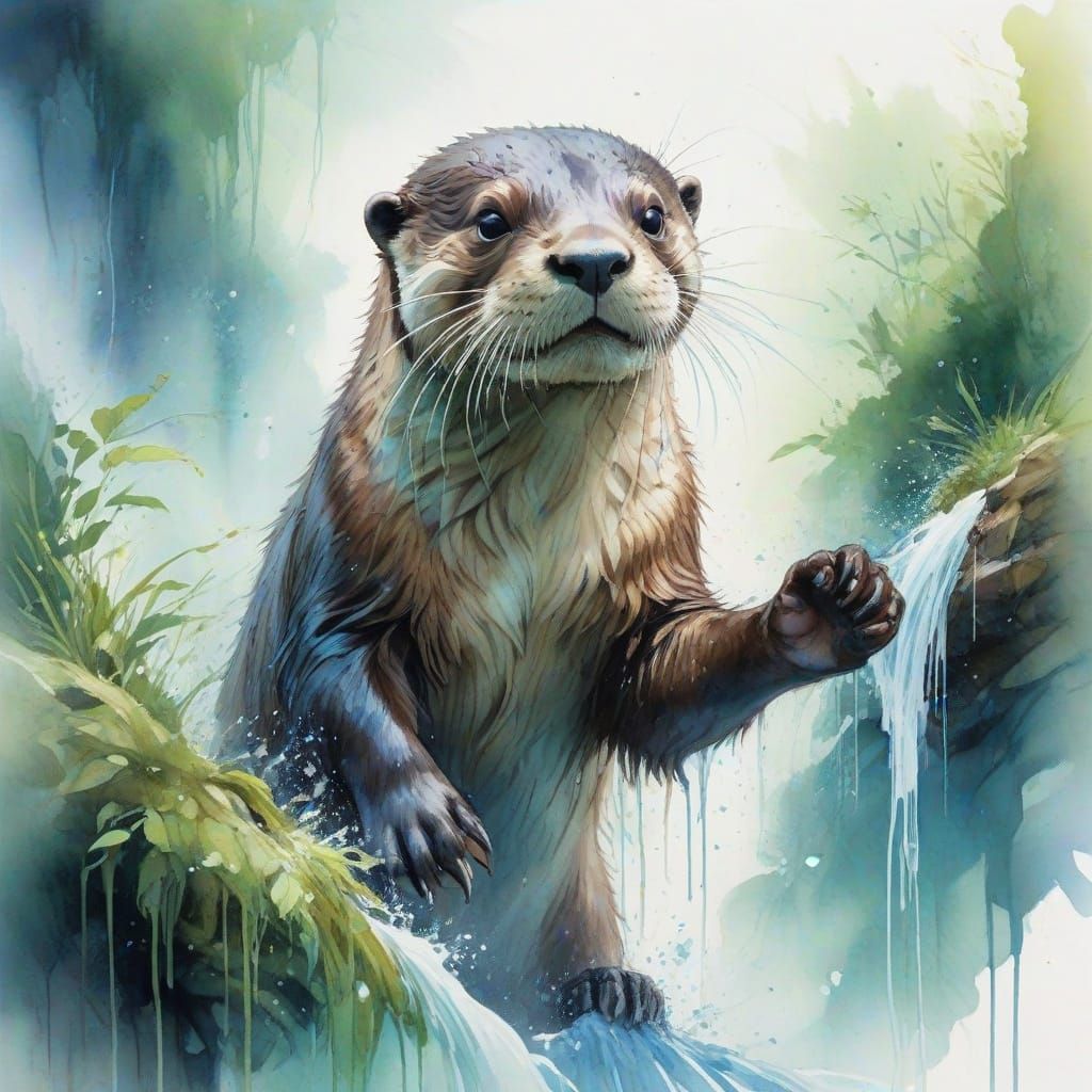Whimsical Watercolour Otter Dances in Misty Waterfall