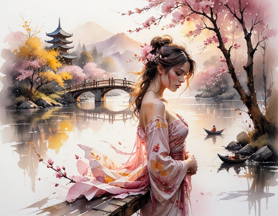 Cherry Blossom Festival: Watercolour River Scene
