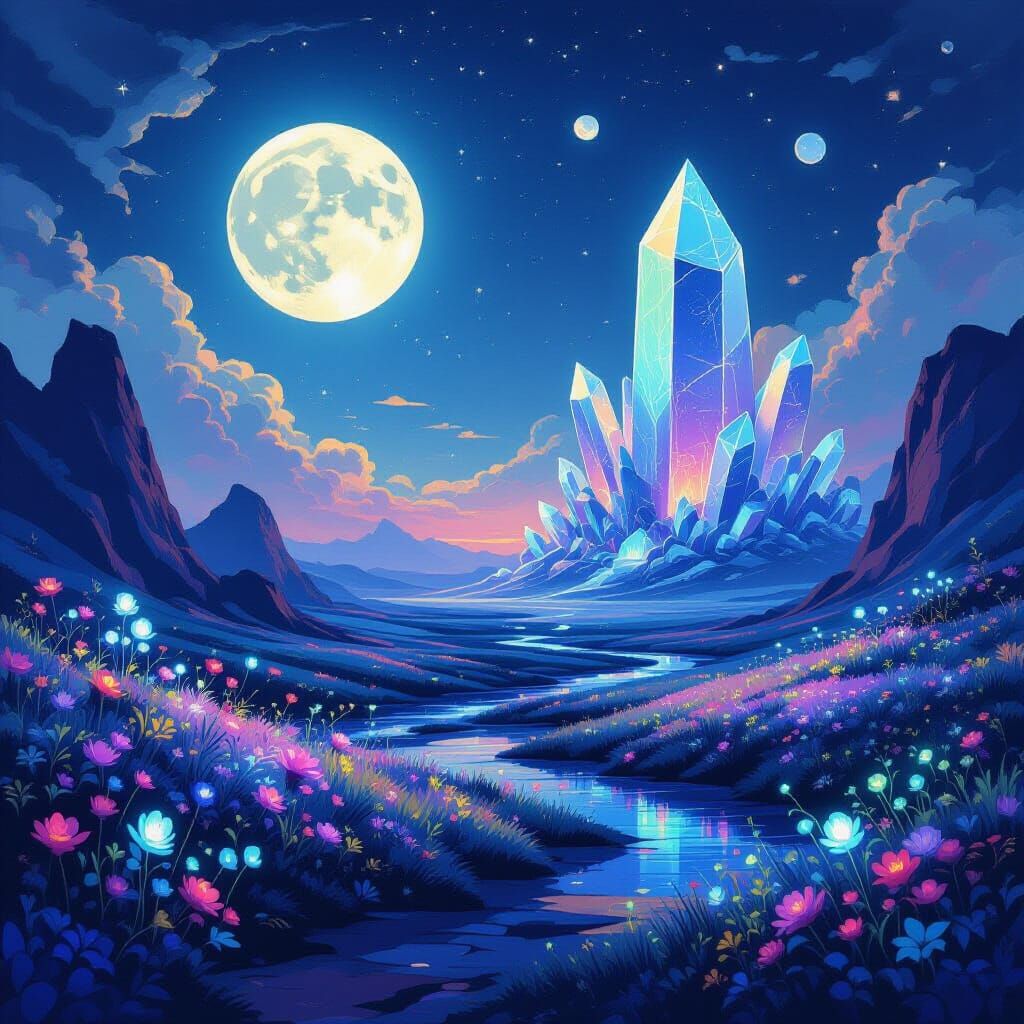 Alien Planet Landscape with Two Moons and Bioluminescent Flo...