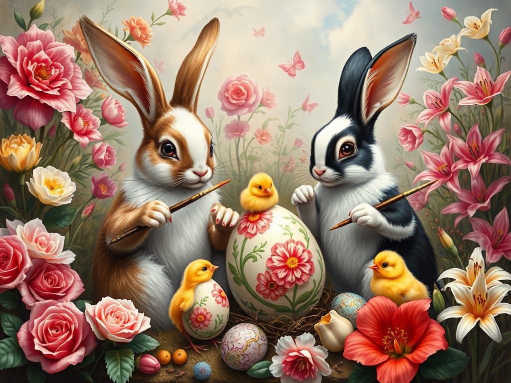 Easter Bunnies Painting Eggs in Fairy Tale Garden