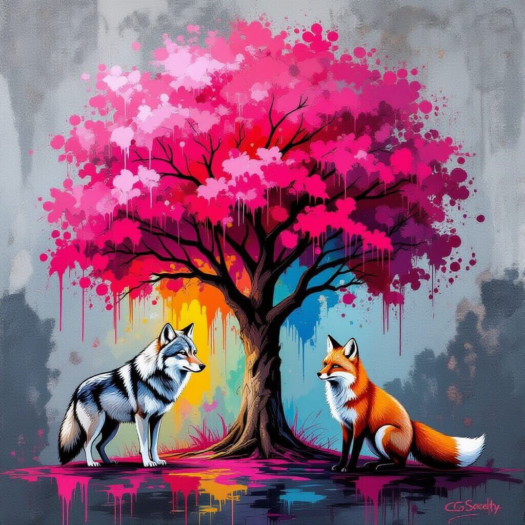 Pink Tree with Wolf and Fox in Graffiti Art Style