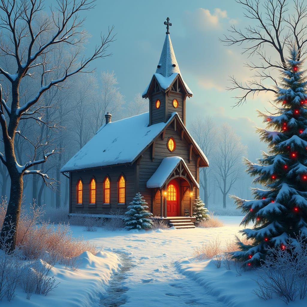 Snowy Church Aglow with Christmas Magic