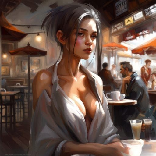 Beautiful Girl in Cafe: Digital Art