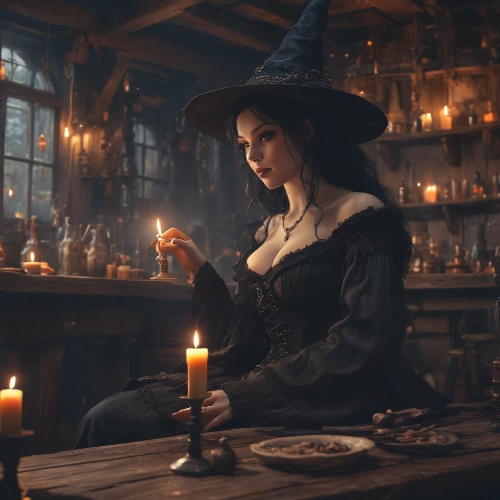Dark Fantasy Witch in Dim Tavern, Detailed Matte Painting