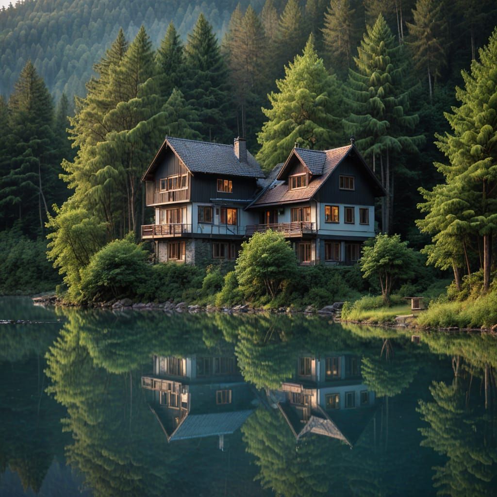 Beautiful Forest House by Blue Lake at Dawn
