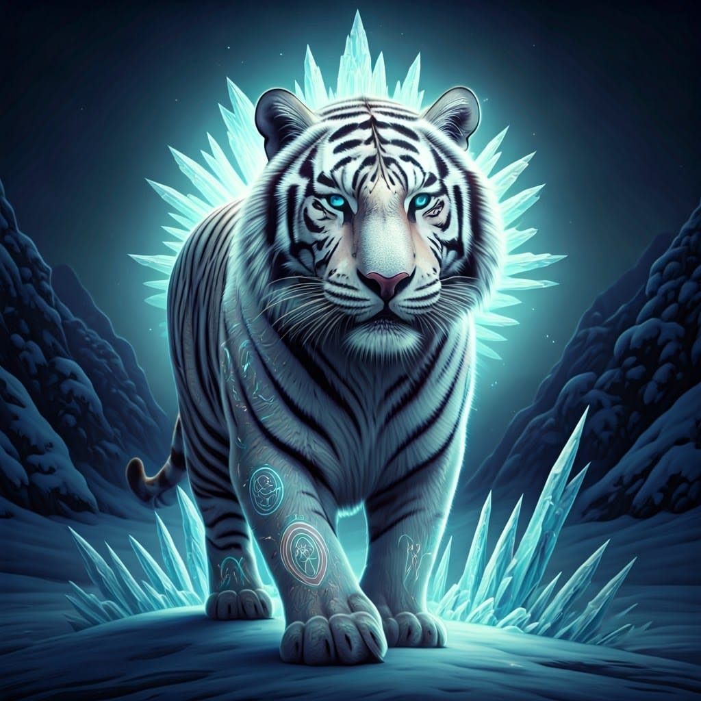 Neon Tattooed Tiger in Snowy Twilight, Digital Art